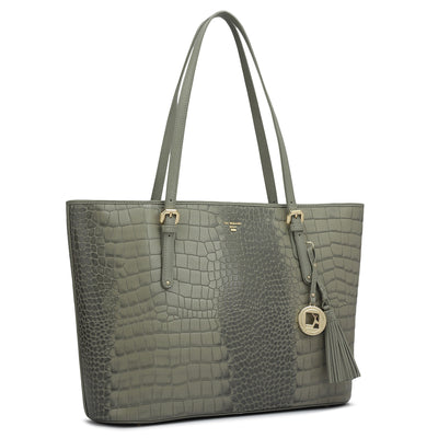 Large Croco Leather Tote - Stone Grey