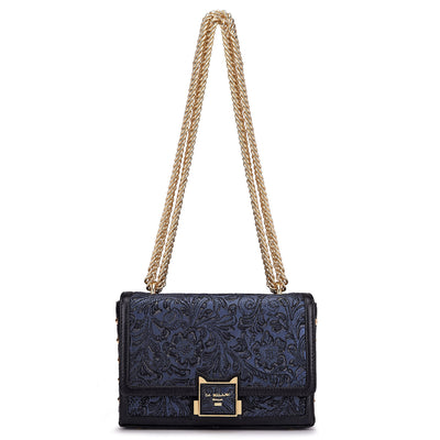 Small Floral Leather Shoulder Bag - Navy Blue