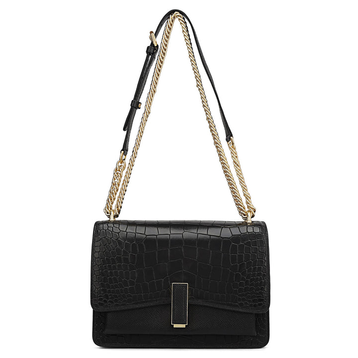 Small Croco Franzy Leather Shoulder Bag - Black