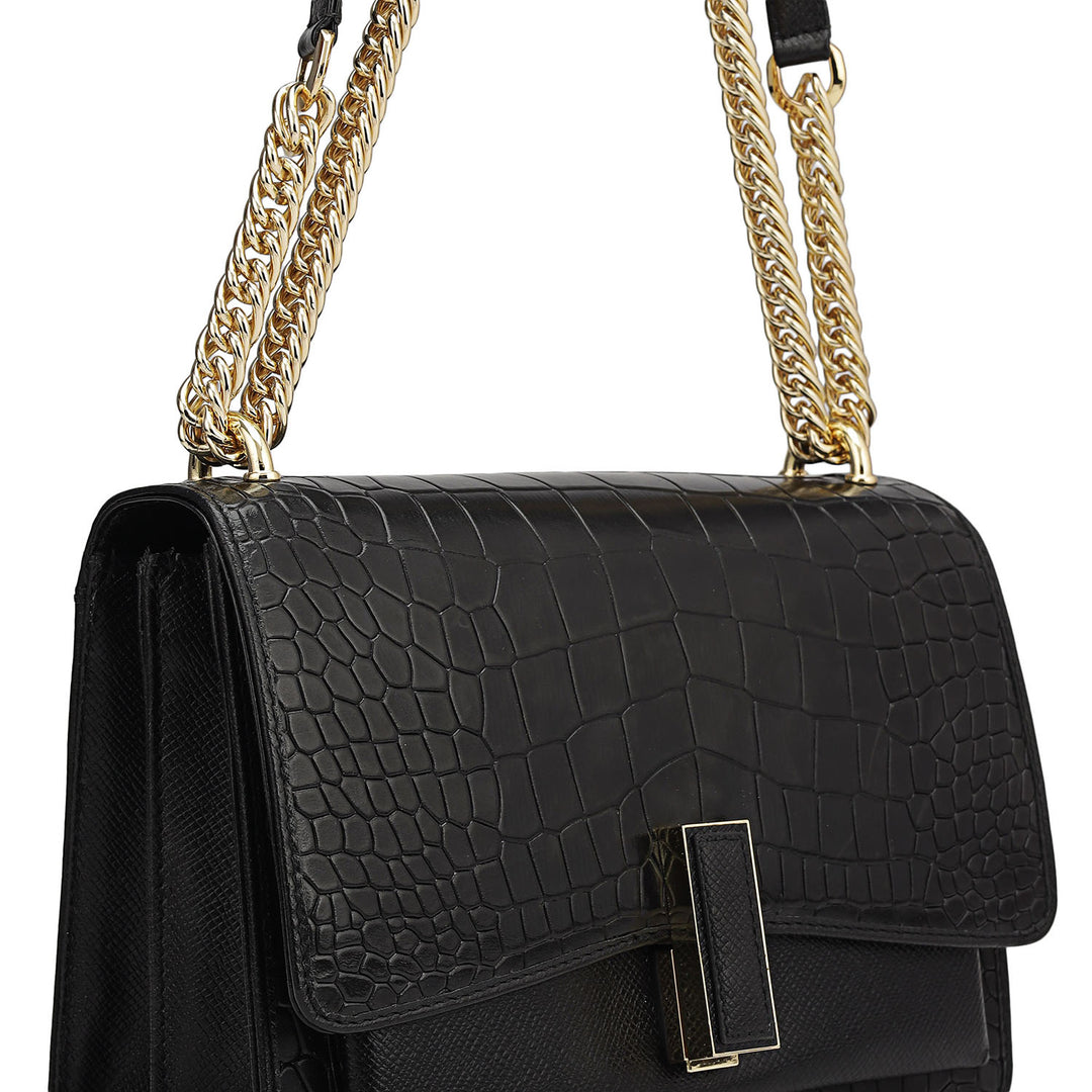 Small Croco Franzy Leather Shoulder Bag - Black
