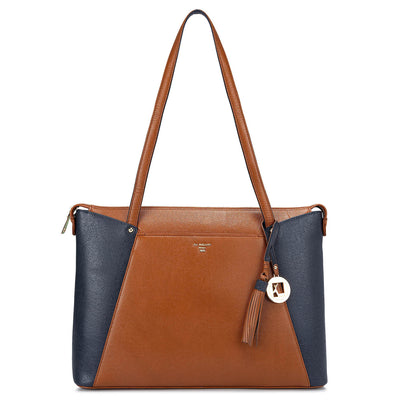 Medium Franzy Leather Tote  - Cognac & Navy