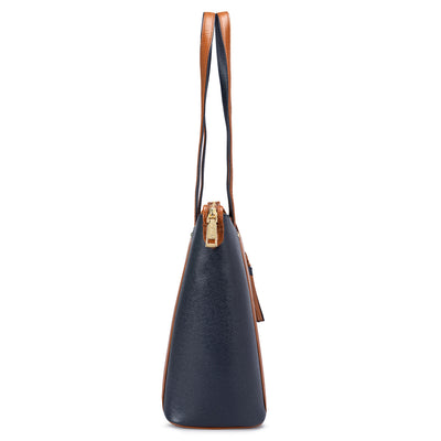 Medium Franzy Leather Tote  - Cognac & Navy