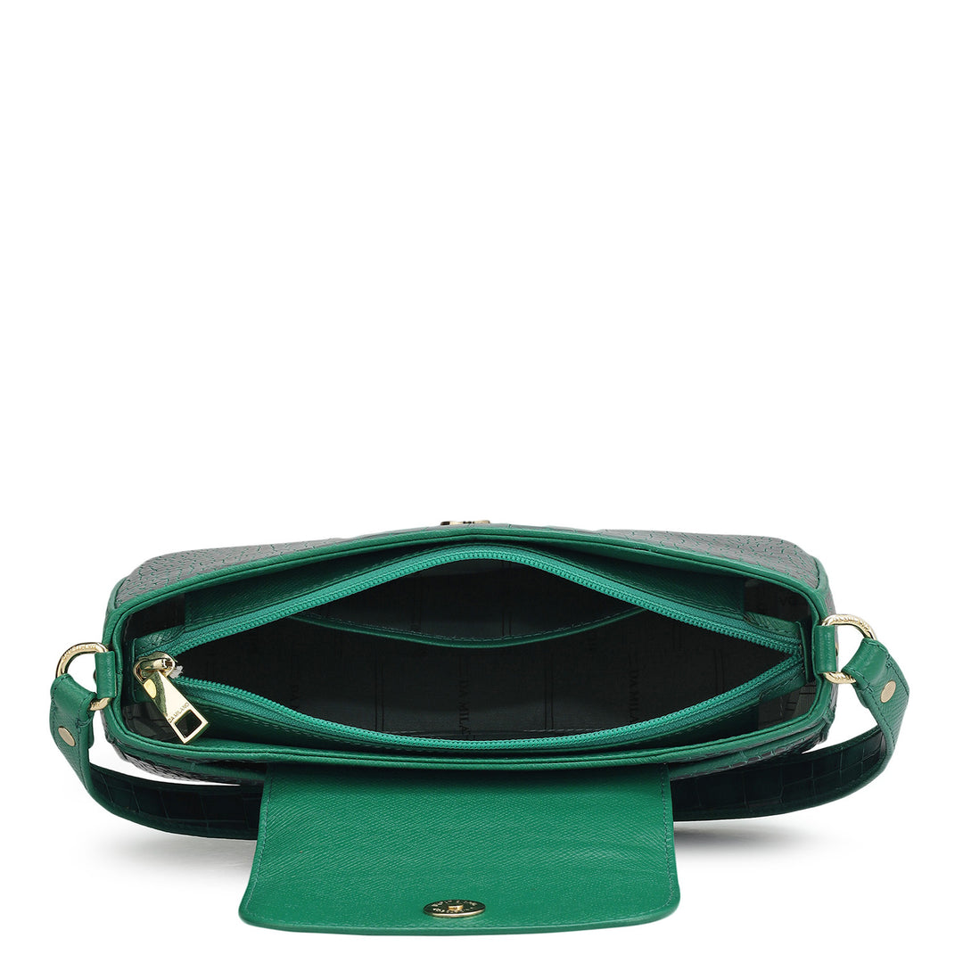 Small Croco Leather Shoulder Bag - Emerald Green