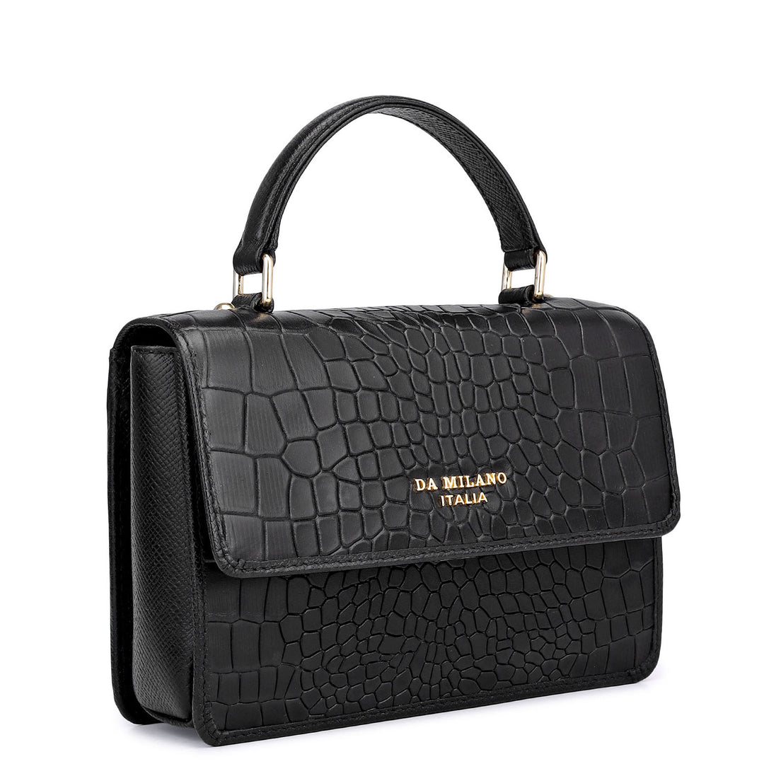 Small Croco Leather Satchel - Black