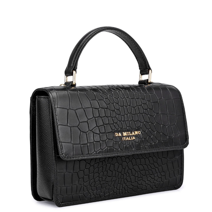 Small Croco Leather Satchel - Black
