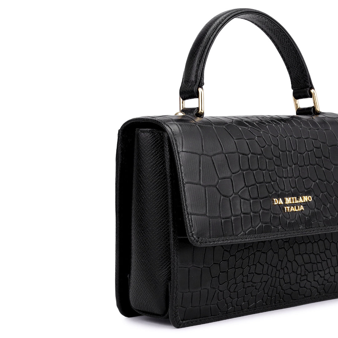 Small Croco Leather Satchel - Black