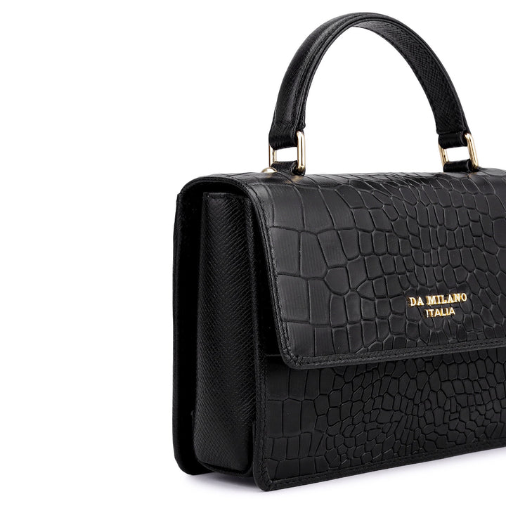 Small Croco Leather Satchel - Black