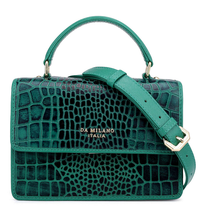 Small Croco Leather Satchel - Emerald Green