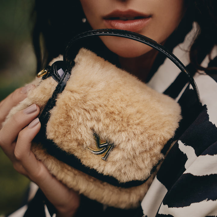 Small Fur Patent Leather Satchel - Beige