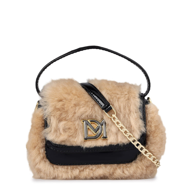 Small Fur Patent Leather Satchel - Beige