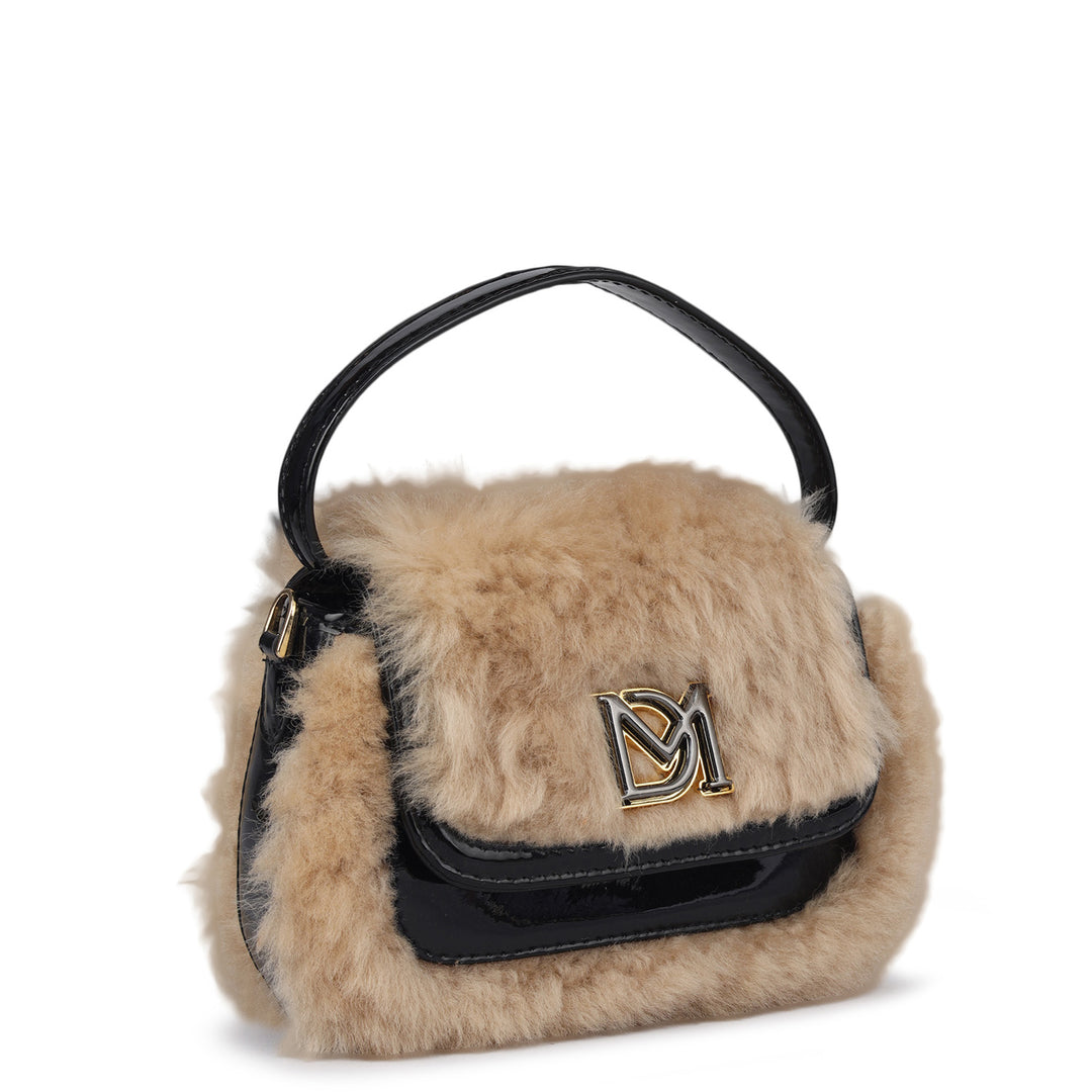 Small Fur Patent Leather Satchel - Beige