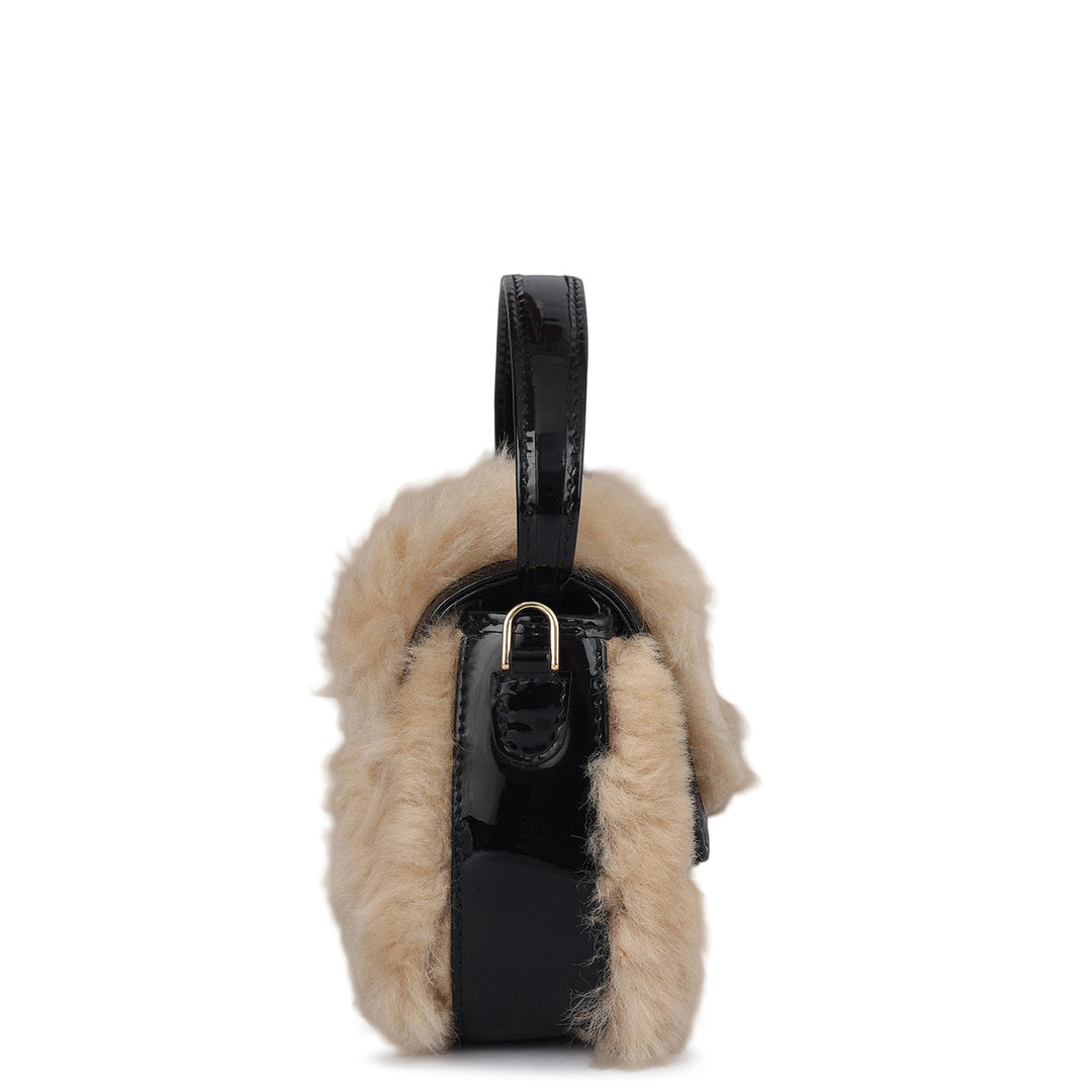 Small Fur Patent Leather Satchel - Beige