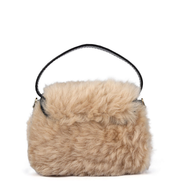 Small Fur Patent Leather Satchel - Beige