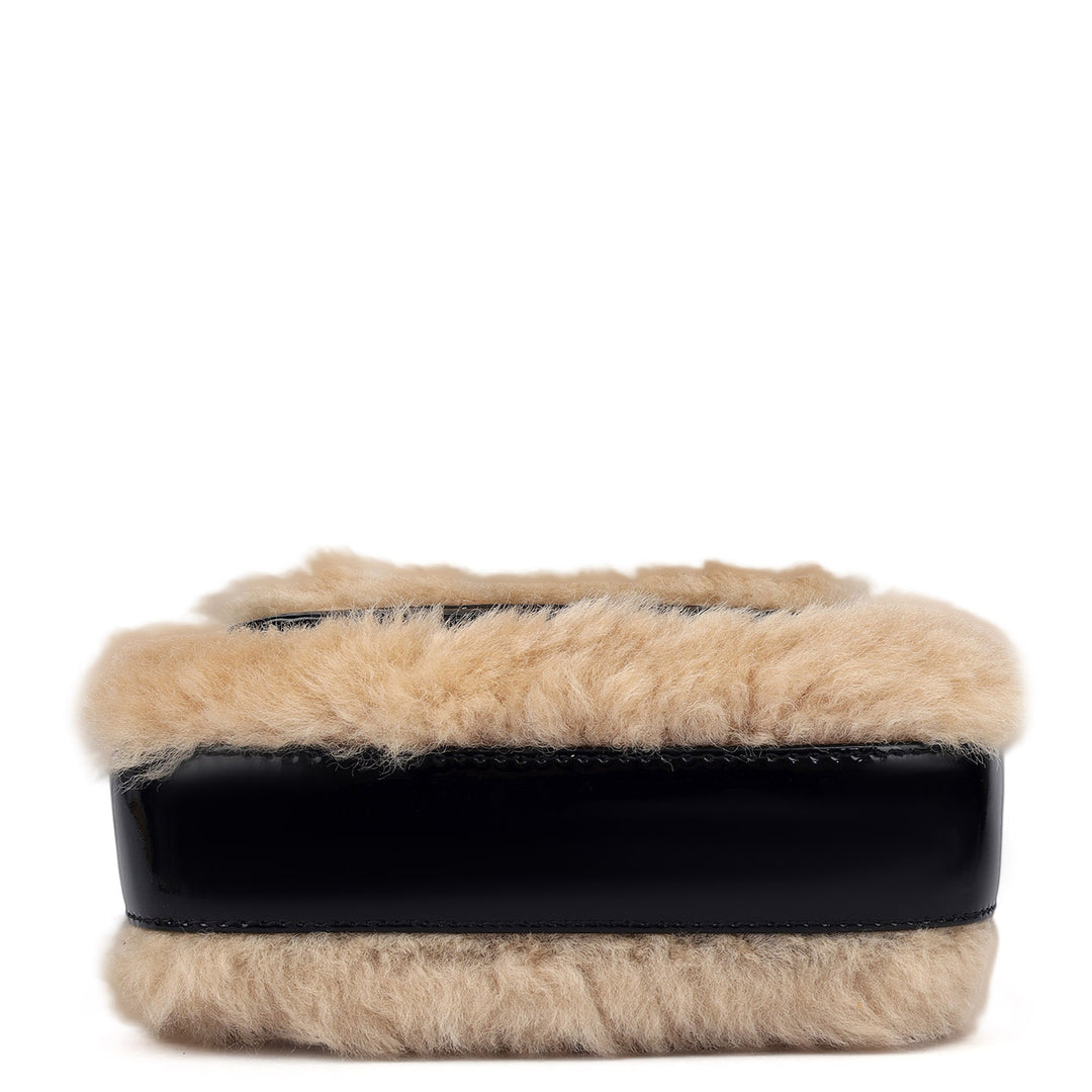 Small Fur Patent Leather Satchel - Beige