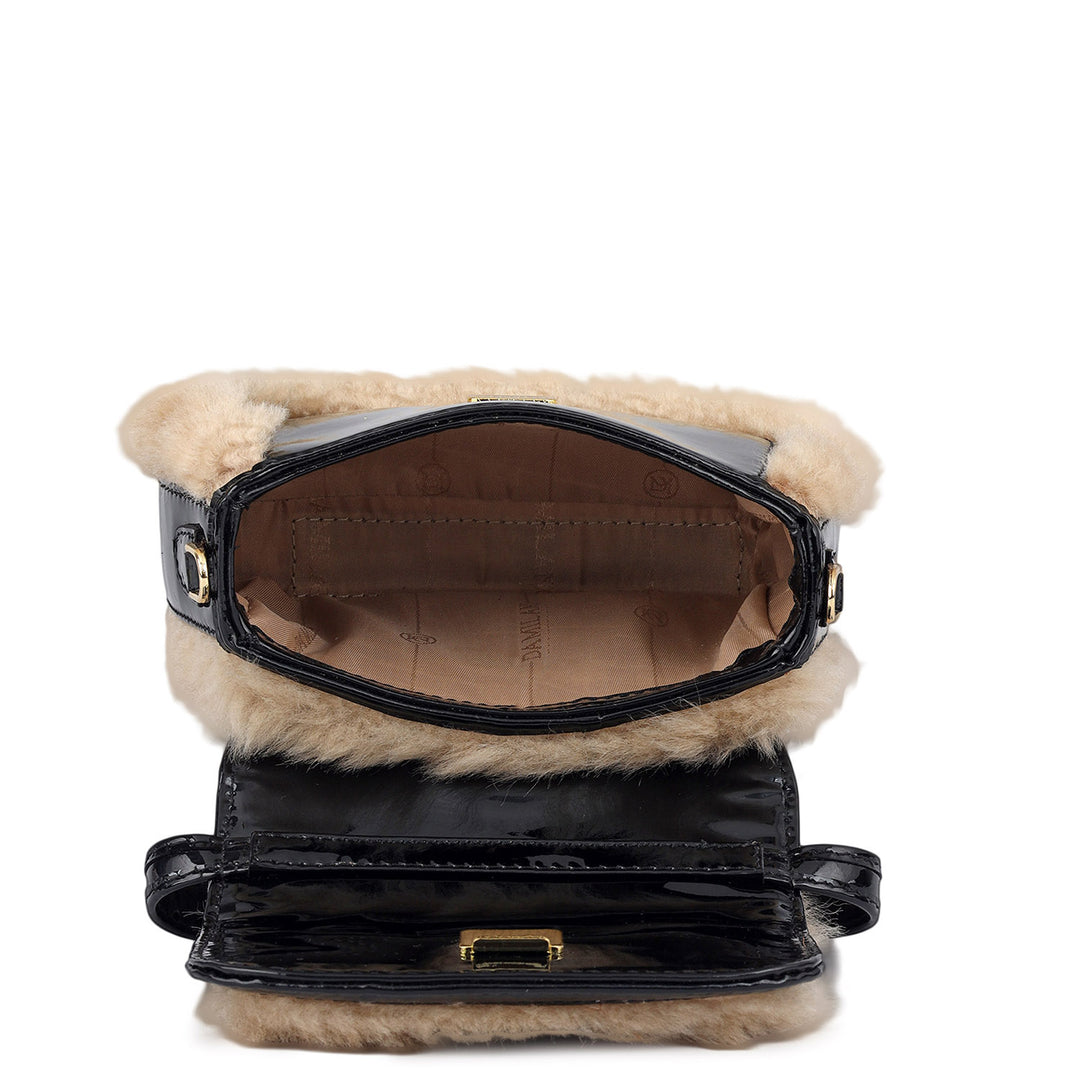 Small Fur Patent Leather Satchel - Beige