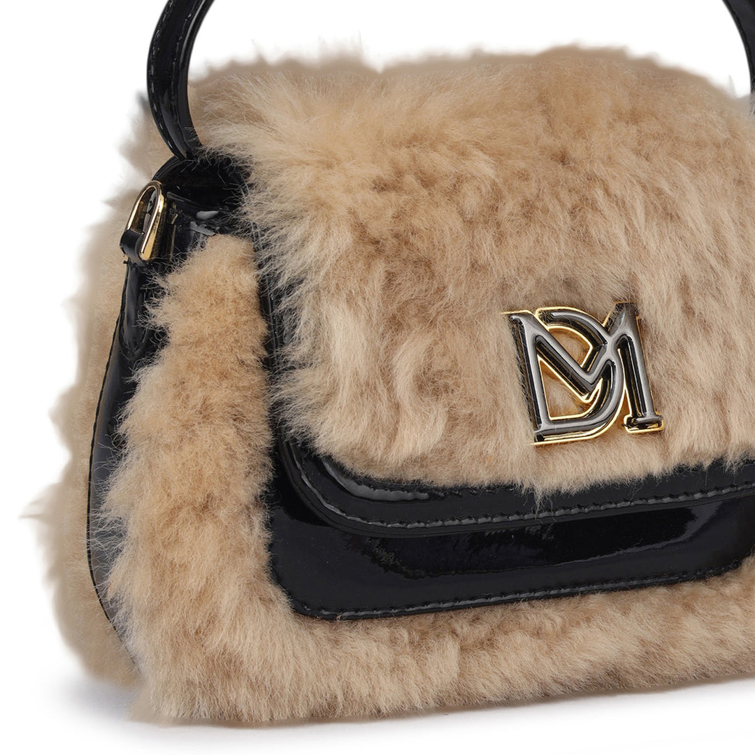 Small Fur Patent Leather Satchel - Beige