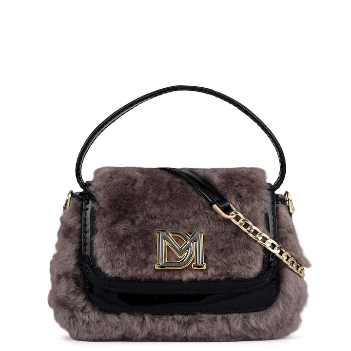 Small Fur Patent Leather Satchel - Grey