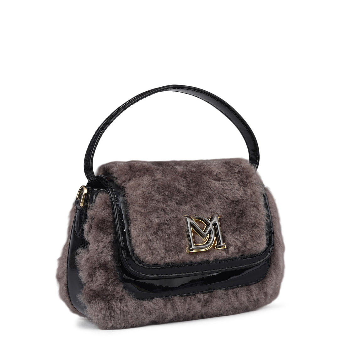 Small Fur Patent Leather Satchel - Grey