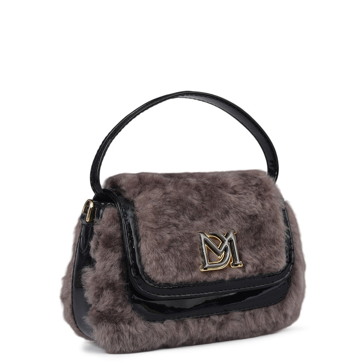 Small Fur Patent Leather Satchel - Grey