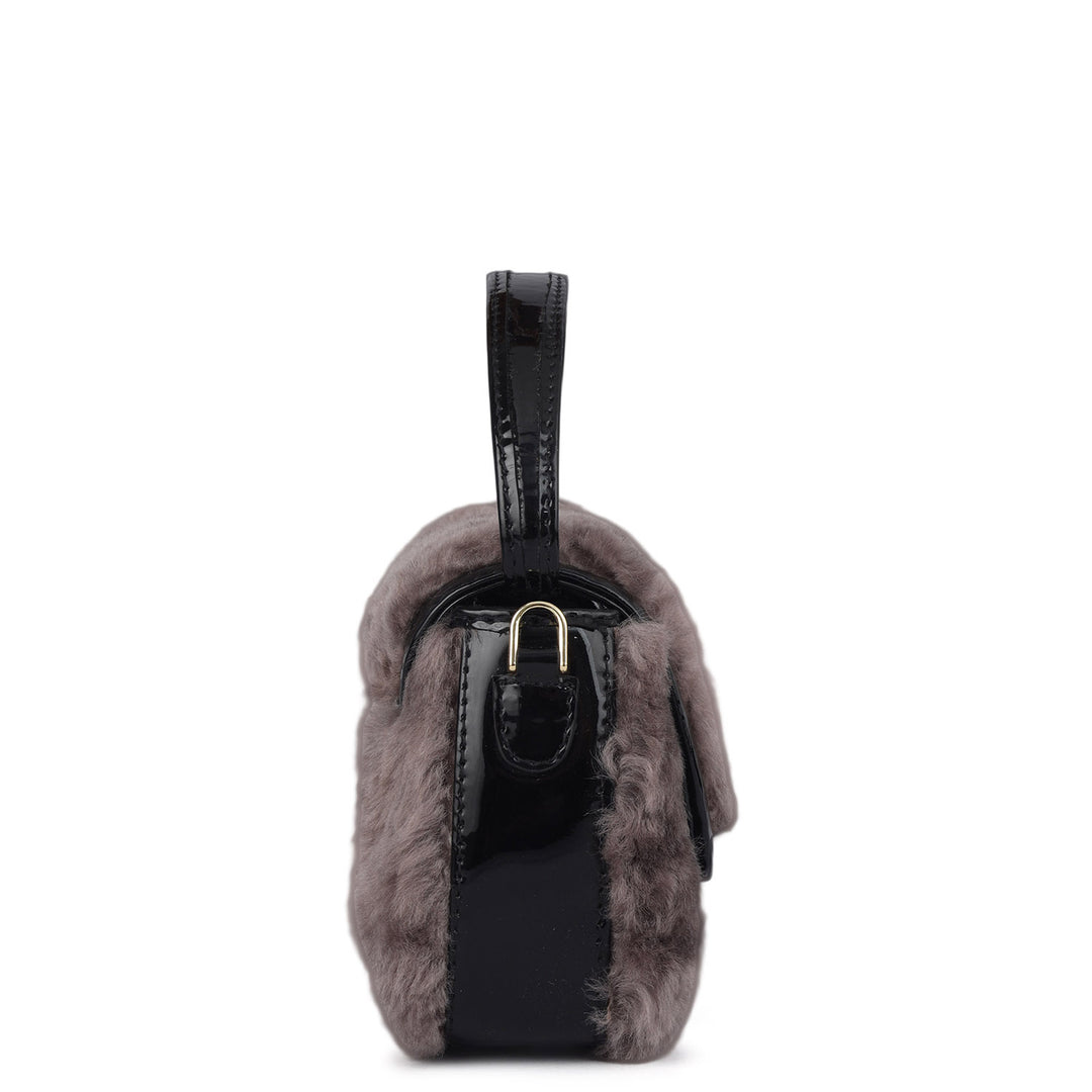 Small Fur Patent Leather Satchel - Grey