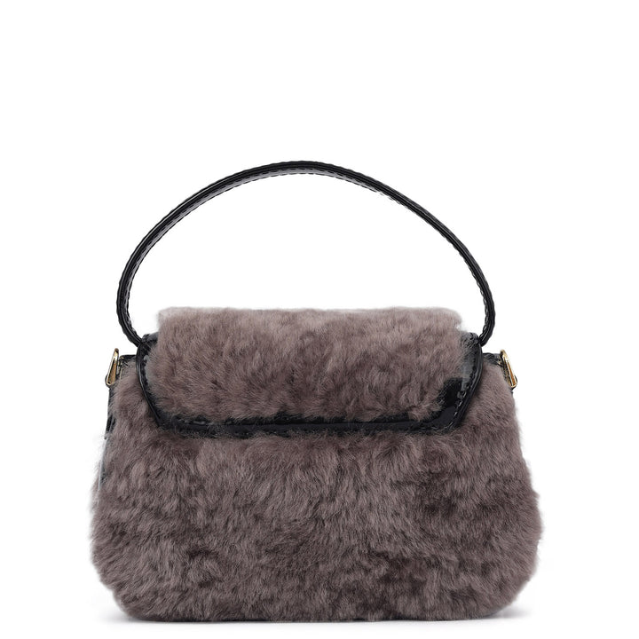Small Fur Patent Leather Satchel - Grey