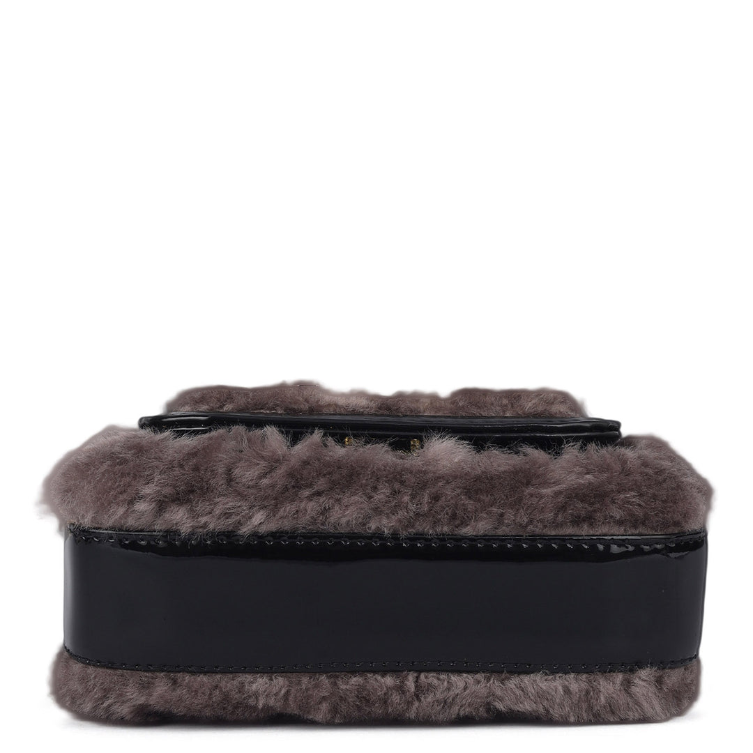 Small Fur Patent Leather Satchel - Grey