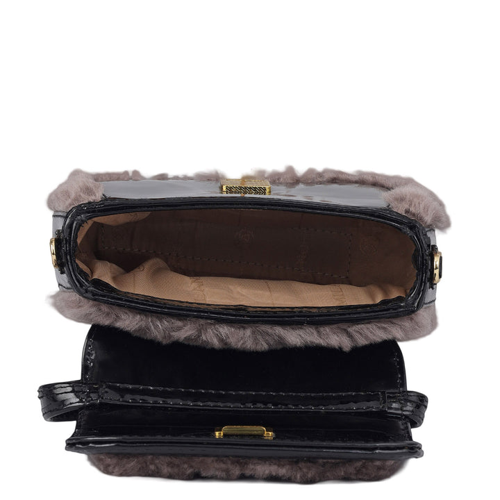 Small Fur Patent Leather Satchel - Grey