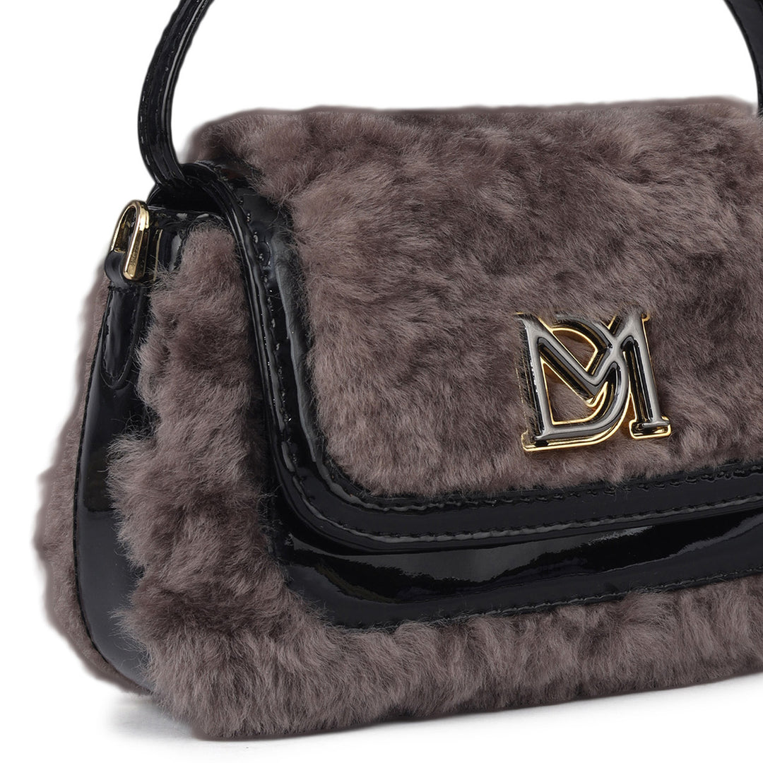 Small Fur Patent Leather Satchel - Grey