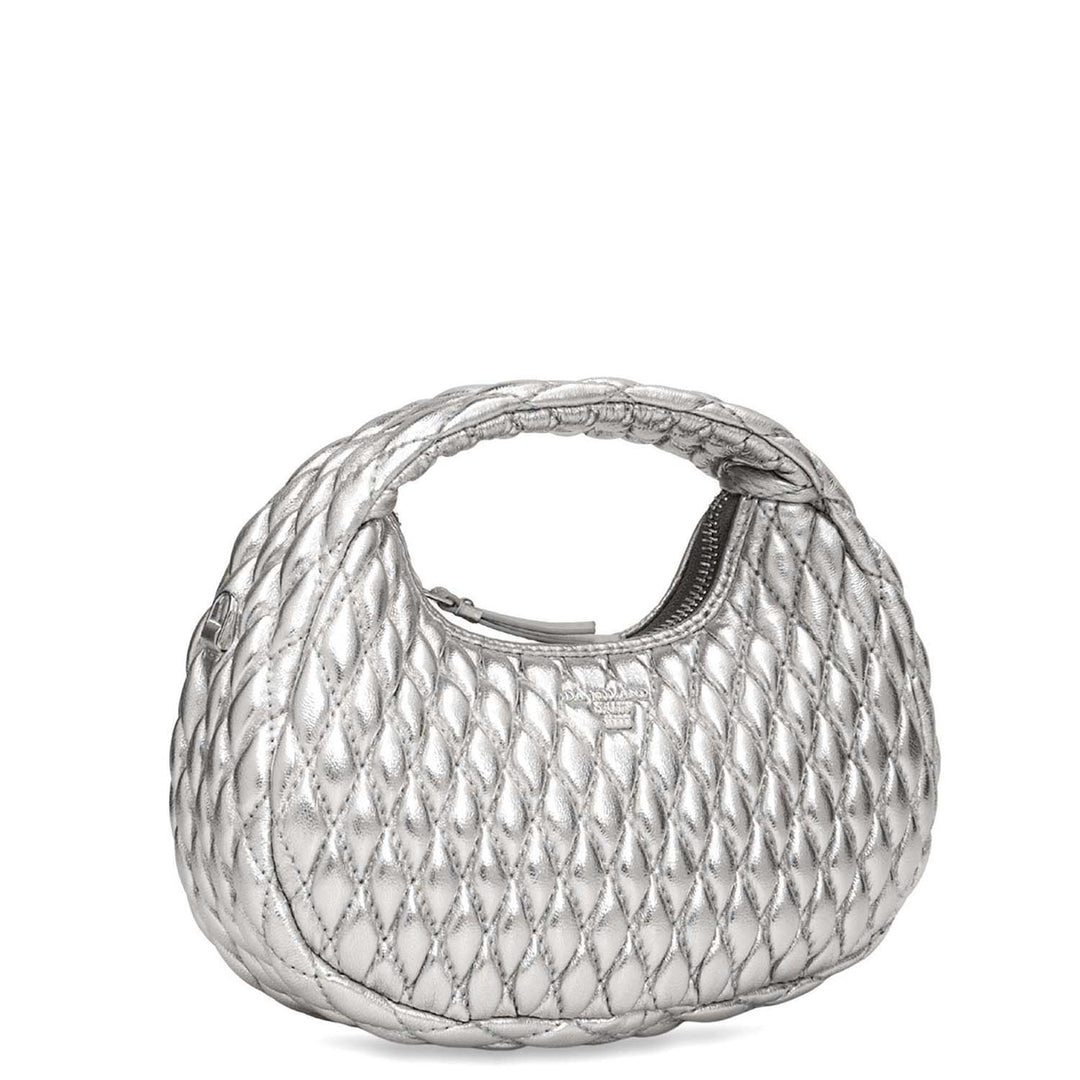 Small Quilting Plain Leather Sling - Silver