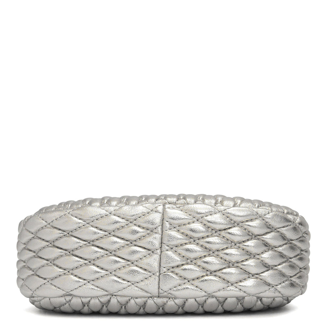 Small Quilting Plain Leather Sling - Silver