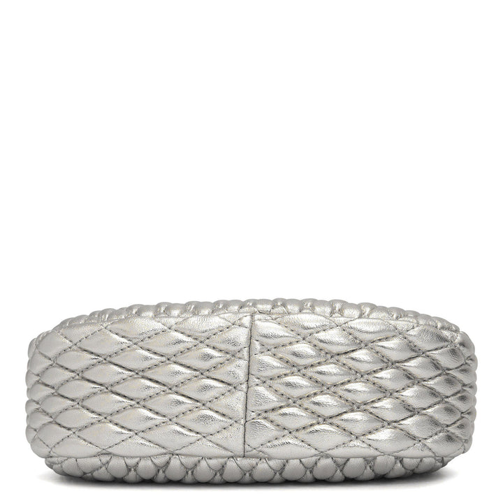 Small Quilting Plain Leather Sling - Silver