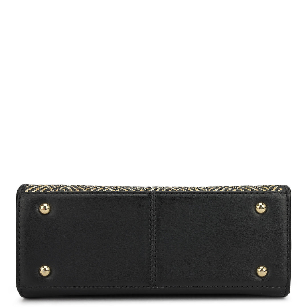 Small Canvas/Plain Leather Sling - Beige & Black