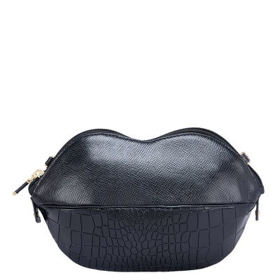 Croco Franzy Leather Ladies Sling Wallet - Black