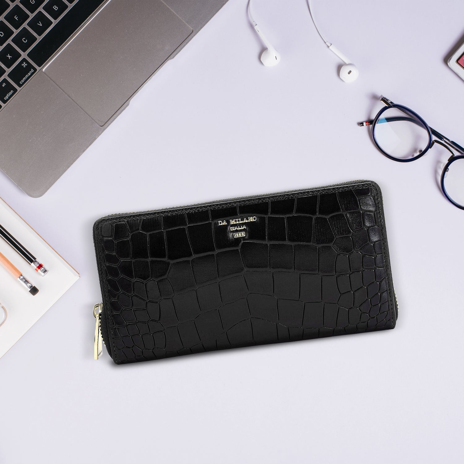 Croco Leather Ladies Wallet - Black – Da Milano