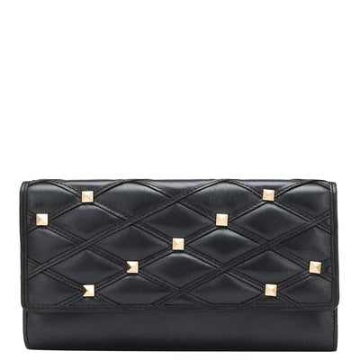 Quilting Plain Leather Ladies Wallet - Black
