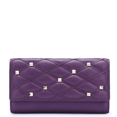 Quilting Plain Leather Ladies Wallet - Plum