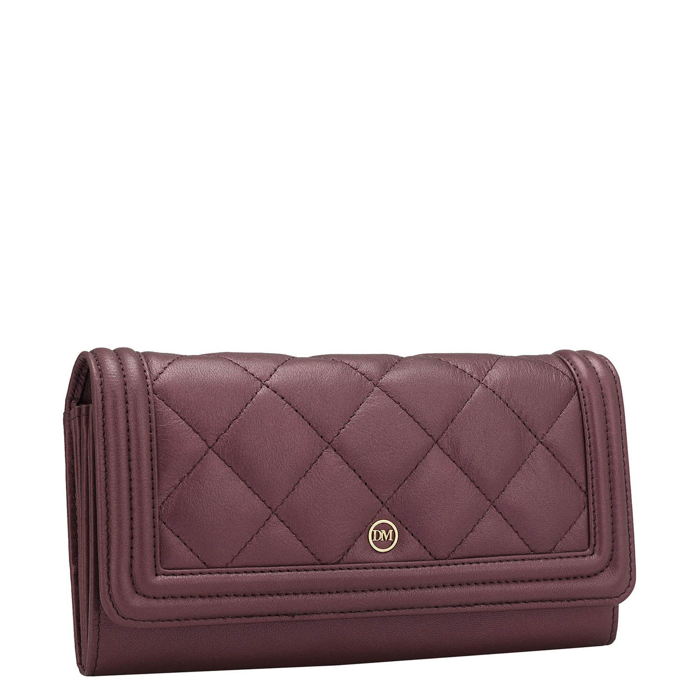 Quilting Plain Leather Ladies Wallet - Plum