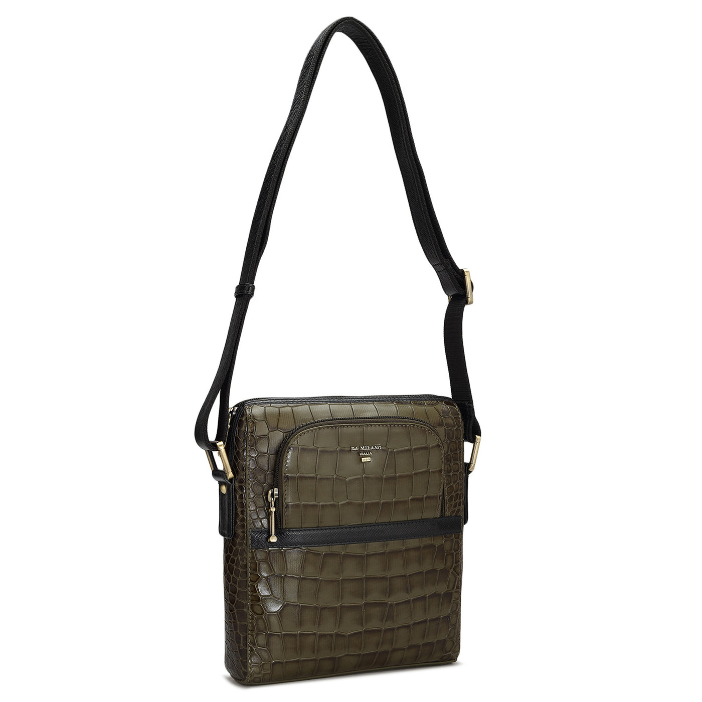 Croco Leather Men Sling - Military Green
