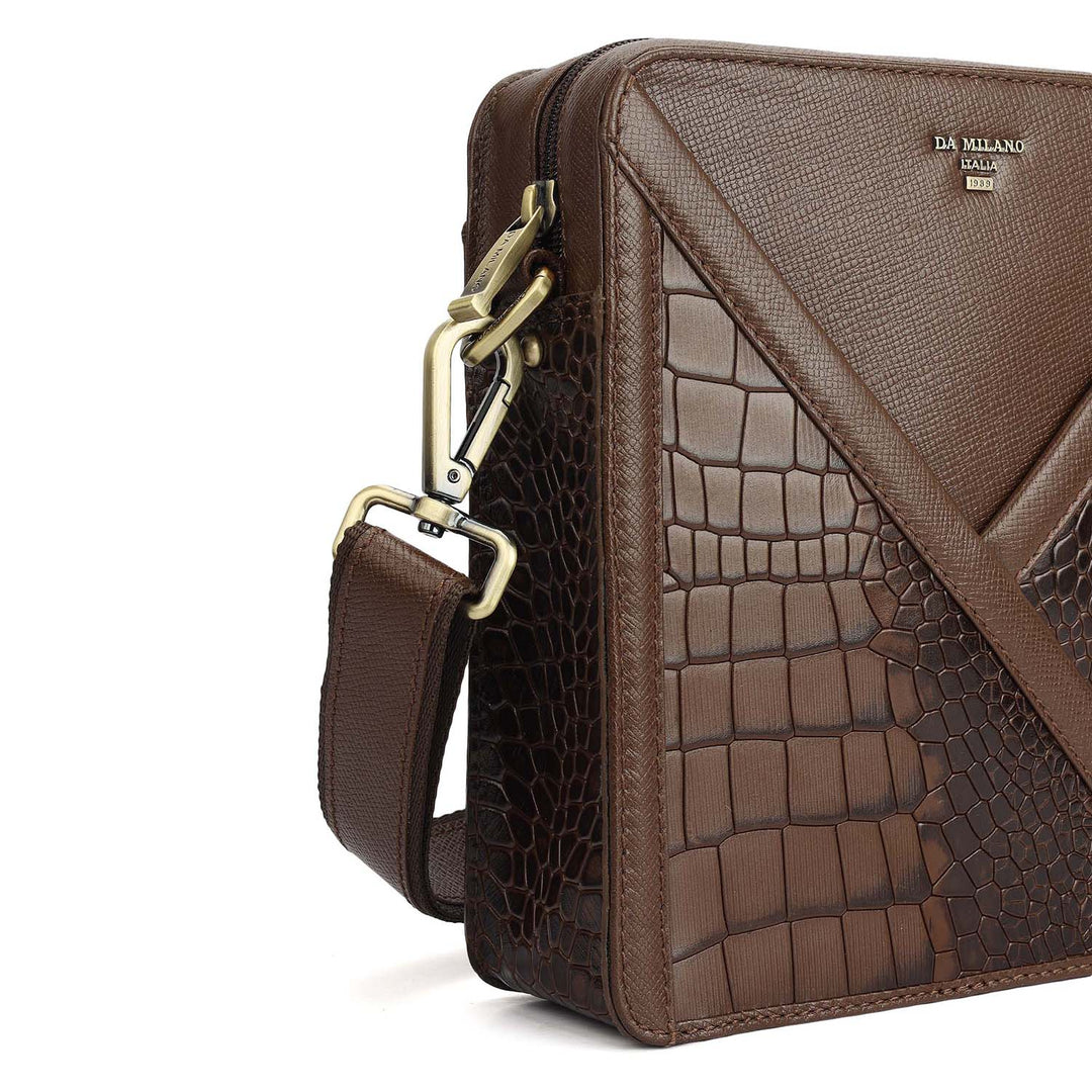 Croco Franzy Leather Men Sling - Walnut