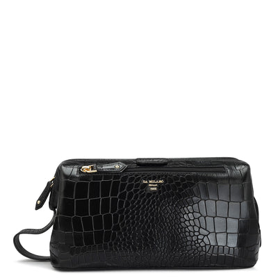 Croco Leather Vanity Pouch - Black