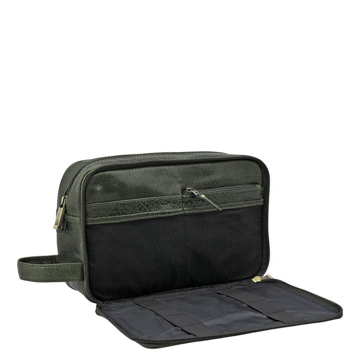 Elephant Pattern Leather Vanity Pouch - Petrol Green