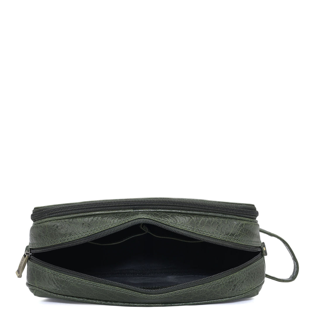 Elephant Pattern Leather Vanity Pouch - Petrol Green