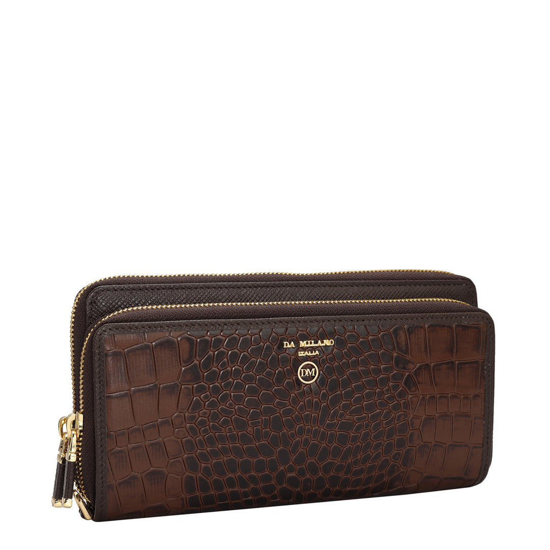 Croco Leather Ladies Wallet Brown Da Milano