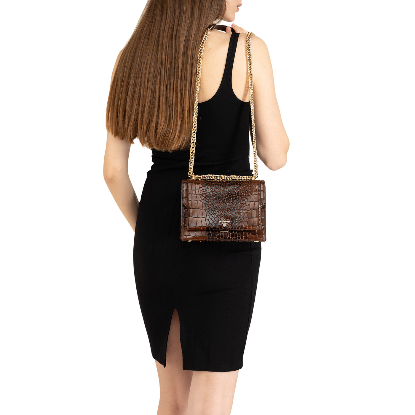 Small Croco Leather Shoulder Bag - Brown