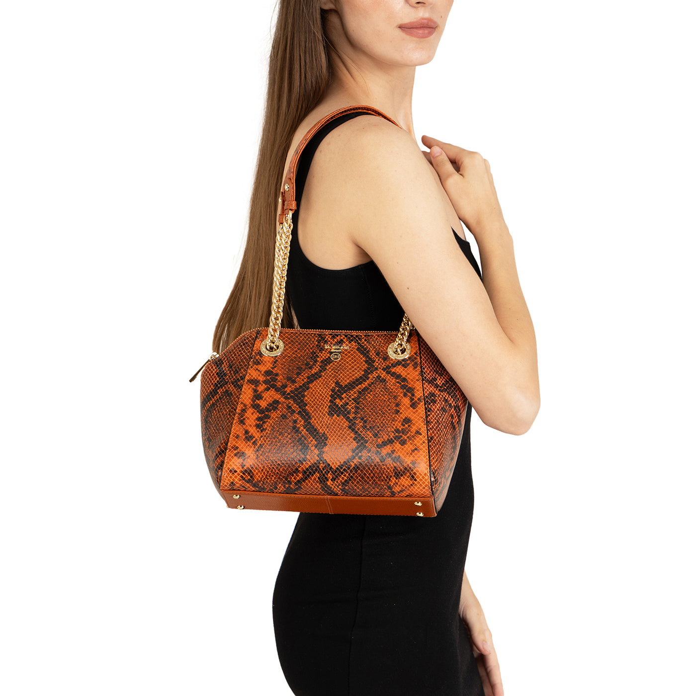 Small Snake Leather Shoulder Bag - Orange
