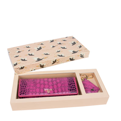 Pink Croco Textured Ladies Wallet & Key Chain Gift Set