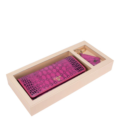 Pink Croco Textured Ladies Wallet & Key Chain Gift Set