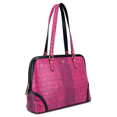 Medium Croco Leather Shoulder Bag - Magenta