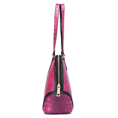 Medium Croco Leather Shoulder Bag - Magenta